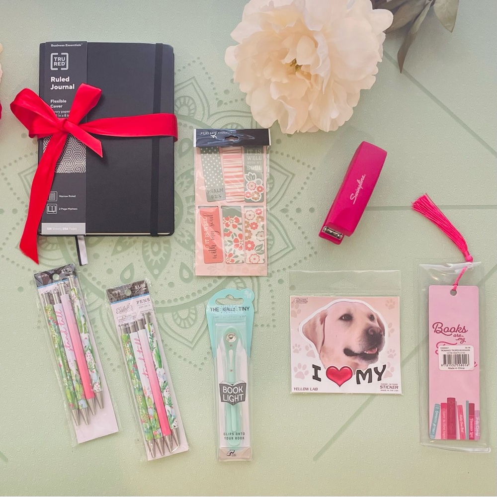 Pink and Black Bookworm Stationery Set Bundle Notebook Stapler Bookmarks Etc NWT